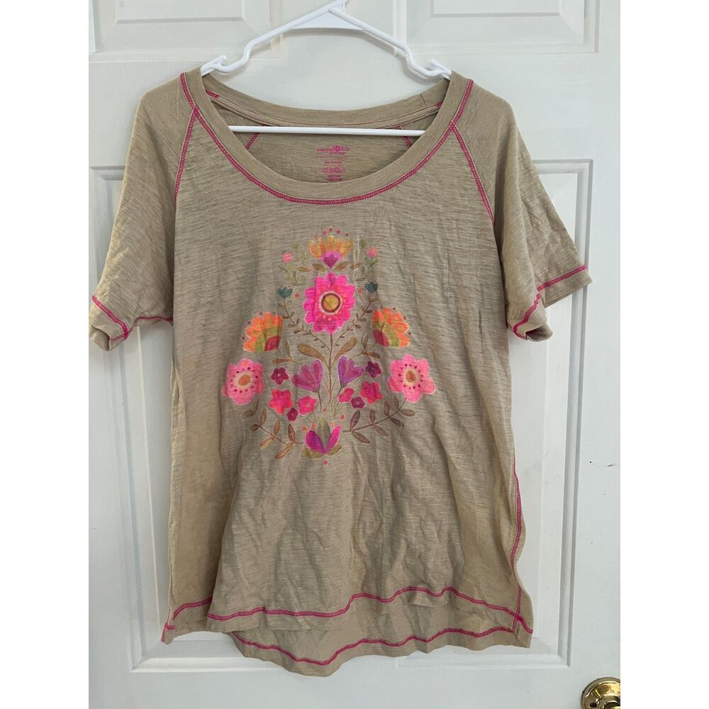 Natural Life Beige Neon Pink Floral Short Sleeve Graphic T-Shirt XL Sustainable